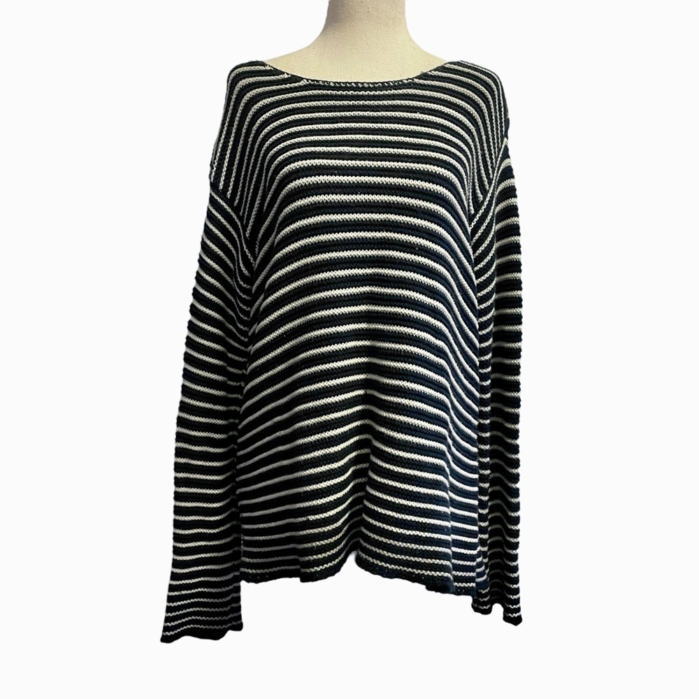 Frame Le Boxy Crew Chunky Knit Striped Slouchy Sweater with Button Shoulder